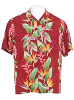 Hilo Hattie Bird of Paradise Panel Red Rayon Men's Hawaiian Shirt