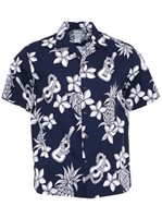 Two Palms Ukulele Navy Cotton Men's Open Collar Hawaiian Shirt