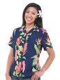 Hilo Hattie BOP Panel Navy Rayon Women&#39;s Hawaiian Camp Blouse