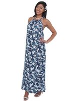 Coral of the Sea Shadow Palm Navy Gia Long Dress