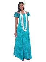 Anuenue Monstera Teal Poly Cotton Frill Puff Sleeve Long Dress