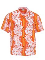 Royal Hawaiian Creations New Hibiscus Fern Panel Orange Poly Cotton Men's Hawaiian Shirt