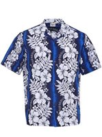 Royal Hawaiian Creations New Hibiscus Fern Panel Blue Poly Cotton Men's Hawaiian Shirt