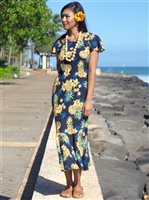 [Exclusive] Two Palms Golden Pineapple Navy Rayon Hawaiian Long Dress