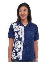 Hilo Hattie Prince Kuhio Navy/White Rayon Women's Hawaiian Shirt