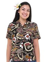 Hilo Hattie Vintage Scenic Black Rayon Women's Hawaiian Shirt