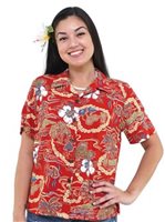 Hilo Hattie Vintage Scenic Red Rayon Women's Hawaiian Shirt