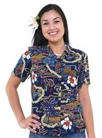 Hilo Hattie Vintage Scenic Blue Rayon Women's Hawaiian Shirt