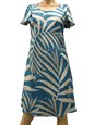 Paradise Found Palm Fronds Blue Rayon A-Line Dress w/sleeves