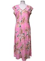 Ky's Blooming Orchid Pink Rayon Hawaiian Midi Dress