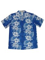 Ky's Floral Lei Navy Blue Cotton Women's Hawaiian Shirt