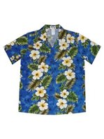 Ky's Hibiscus Panel Navy Blue Cotton Women's Hawaiian Shirt