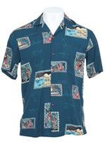 Two Palms Postcard Navy Rayon Men's Hawaiian Shirt