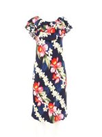Two Palms Plumeria Orchid Panel Navy Rayon Hawaiian Off Shoulder Pullover Dress