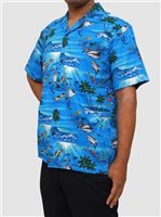 Aloha Republic Shark Island Blue Cotton Men's Hawaiian Shirt