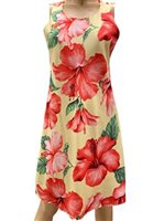 Paradise Found Hibiscus Blossom Yellow Rayon Hawaiian A-Line Tank Short Dress