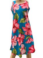 Paradise Found Hibiscus Blossom Blue Rayon Hawaiian A-Line Tank Short Dress