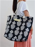 Silver Pineapple Black Polyester Rope Handle Large Tote Bag