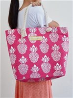 Silver Pineapple Pink Polyester Rope Handle Large Tote Bag