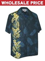 [Wholesale] Pacific Legend Tropical Plant Panel Navy Cotton Men's Hawaiian Shirt