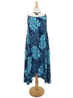 Napua Collection Honolulu Monstera Navy&Blue Rayon Ankle Long Dress