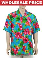 [Wholesale] Two Palms HIbiscus Watercolor  Blue Rayon Men's Hawaiian Shirt