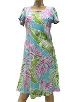 Paradise Found Cabana Palms Aqua Rayon A-Line Dress with Cap Sleeves