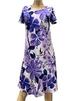 Paradise Found Watercolor Hibiscus Purple Rayon A-Line Dress with Cap Sleeves