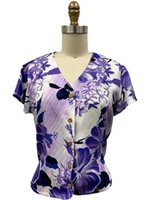 Paradise Found WATERCOLOR HIBISCUS Purple Rayon Women's V-neck Blouse