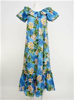 Ky's Plumeria Dream Blue Cotton HawaiianLong Muumuu Dress