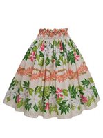 Anuenue (Pau) Flowers & Leaves Border Natural Poly Cotton Single Pau Skirt / 3 Bands