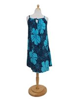 Napua Collection Honolulu Big Hibiscus Navy/Blue Rayon Summer Dress front ribbon