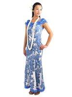 [USED ITEM] Royal Hawaiian Creations Hibiscus Panel Blue Poly Cotton Hawaiian Nahenahe Ruffle Long Muumuu Dress