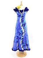 [USED ITEM] Royal Hawaiian Creations Monstera Lei Blue Poly Cotton Hawaiian Nahenahe Ruffle Long Muumuu Dress