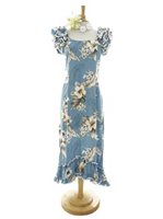 [USED ITEM] Pacific Legend Hibiscus Blue Cotton Hawaiian Ruffle Long Muumuu Dress