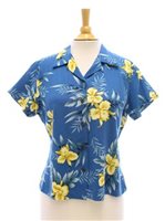Two Palms Orchid Fern Blue Rayon Women's Hawaiian Shirt