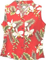 Two Palms Hawaiian Orchid Red Rayon Women's Sleeveless Blouse