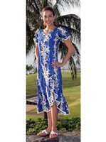 Two Palms Vintage Plumeria Blue Cotton Hawaiian Long Muumuu Dress