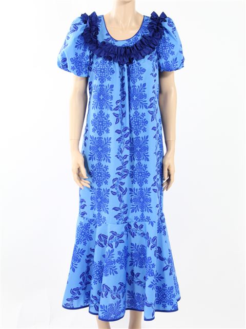 Good Times Quilt Blue Poly Cotton Hawaiian Maxi Muumuu Dress | AlohaOutlet