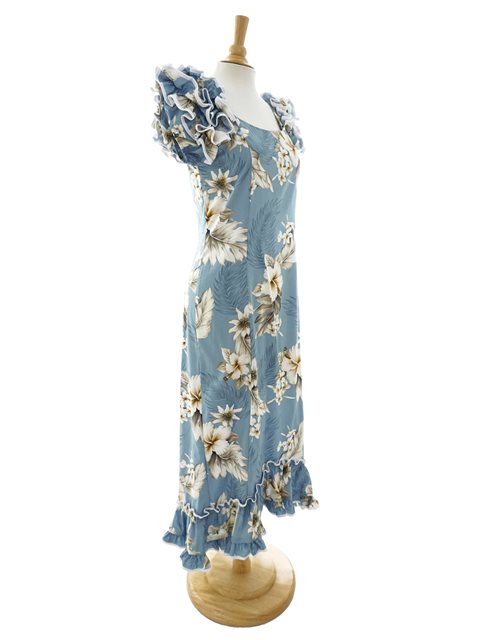 Pacific Legend Hibiscus Blue Cotton Hawaiian Ruffle Long Muumuu Dress ...