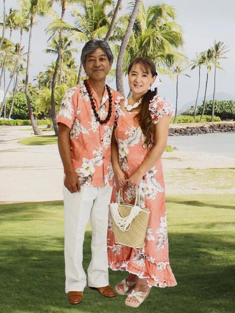 Pacific Legend Hibiscus Peach Cotton Hawaiian Ruffle Long Muumuu Dress ...