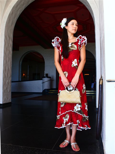 red hawaiian dress with white leaves