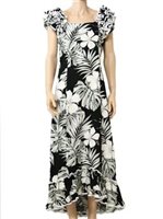 Pacific Legend Hibiscus & Monstera Black Cotton Hawaiian Ruffle Long Muumuu Dress