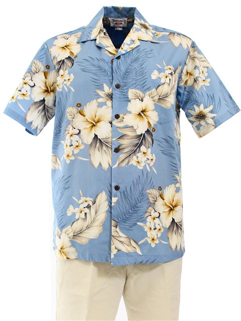Pacific Legend Hibiscus Blue Cotton Men's Hawaiian Shirt , 4XL