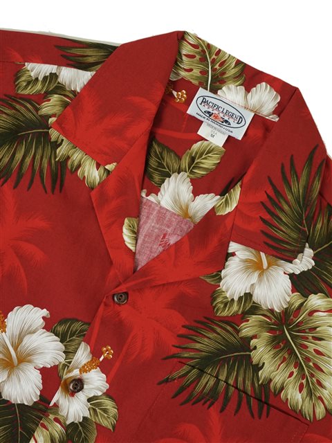 Pacific Legend Hibiscus Monstera Red Cotton Men's Hawaiian Shirt ...