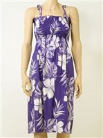 Pacific Legend Hibiscus & Monstera Purple Cotton Hawaiian Tube Midi Dress