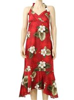 Pacific Legend Hibiscus Monstera Red Cotton Hawaiian Halter Neck Midi Dress