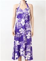 Pacific Legend Hibiscus & Monstera Purple Cotton Hawaiian Halter Neck Midi Dress