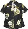 Pacific Legend Hibiscus Monstera Black Cotton Women&#39;s Fitted Hawaiian Shirt