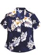 Pacific Legend Hibiscus Navy Cotton Women&#39;s Fitted Hawaiian Shirt